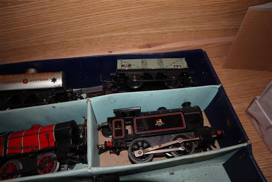 A quantity of mixed locos, track and carriages including Hornby